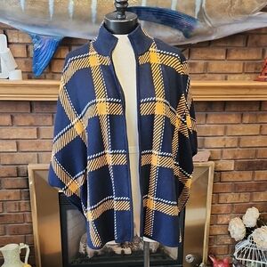 Jones New York Signature Navy and Yellow Plaid Cape Size S/M Preppy Cotton Wool